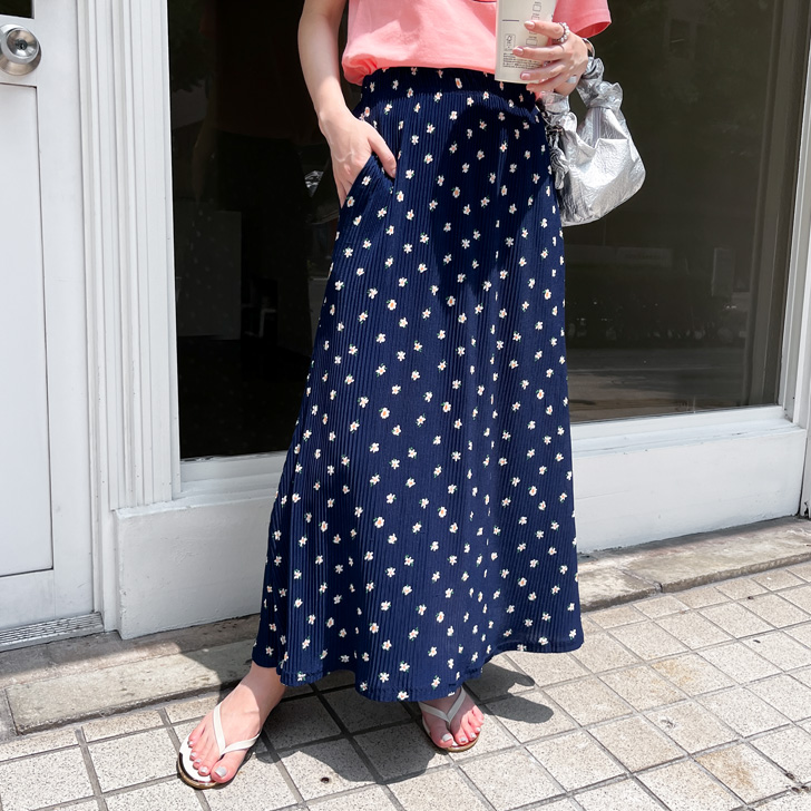 PINKHOUSE 花柄 ピコフリル ロングスカート フレア ウエストゴム ロングスカート 花柄 マキシ丈スカート フレアスカート ロング マキシ