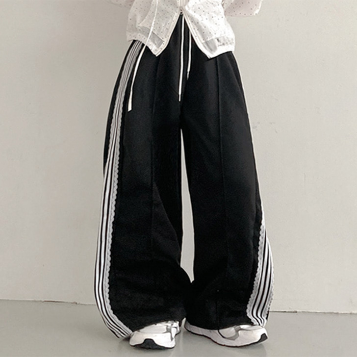 REAL STYLE ワイドパンツ レディース 秋 サイドライン レース おしゃれ