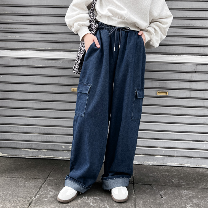 うさと 青 デニム風 ガウチョパンツ ウエストゴム入り REAL STYLE デニムパンツ レディース ウエストゴム 秋 冬 ワイド