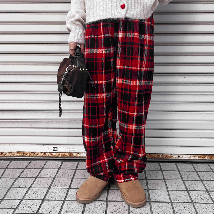 REAL STYLE ワイドパンツ レディース チェック柄 裏ボア フリース 薄手