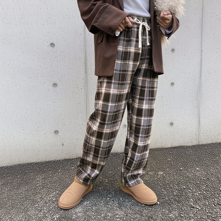 REAL STYLE ワイドパンツ レディース チェック柄 裏ボア フリース 薄手