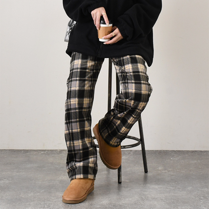 REAL STYLE ワイドパンツ レディース チェック柄 裏ボア フリース 薄手