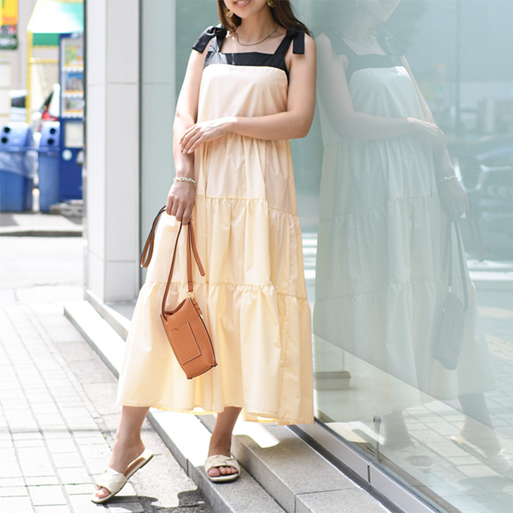 ワンピース レディース 春 夏 きれいめ ロング丈 ティアード ゆったり 大きめ かわいい 涼しい 薄手 無地 配色 フレア リボン 上品｜ruckruck｜04