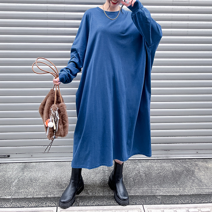 大人のダークブルーロング丈ワンピ REAL STYLE（ファッション） ワンピース レディース 春 秋 長袖