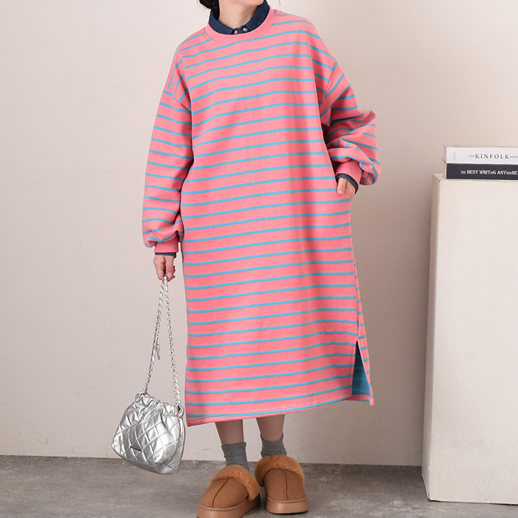 REAL STYLE ワンピース レディース 秋 冬 長袖 ロング 裏起毛 ボーダー