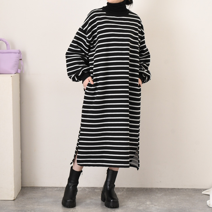 REAL STYLE ワンピース レディース 秋 冬 長袖 ロング 裏起毛 ボーダー