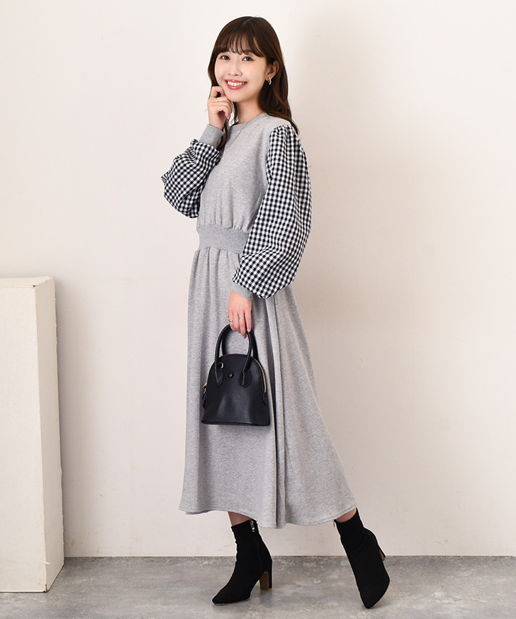 【2色】☆チェック柄☆ ワンピース Aライン ミディ丈 フレア 春ワンピース チェック柄 ロングワンピース aラインワンピース