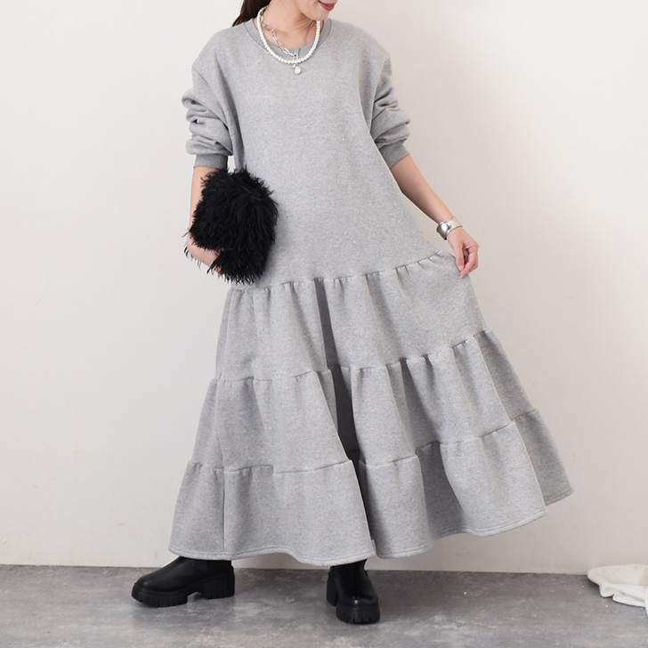 REAL STYLE ワンピース レディース 裏起毛 長袖 ロング ティアード 綿