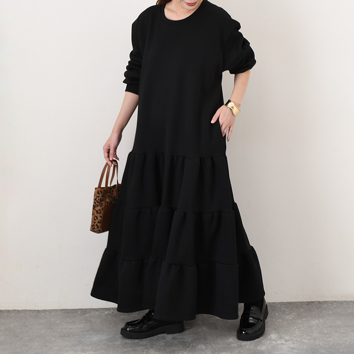 REAL STYLE ワンピース レディース 裏起毛 長袖 ロング ティアード 綿