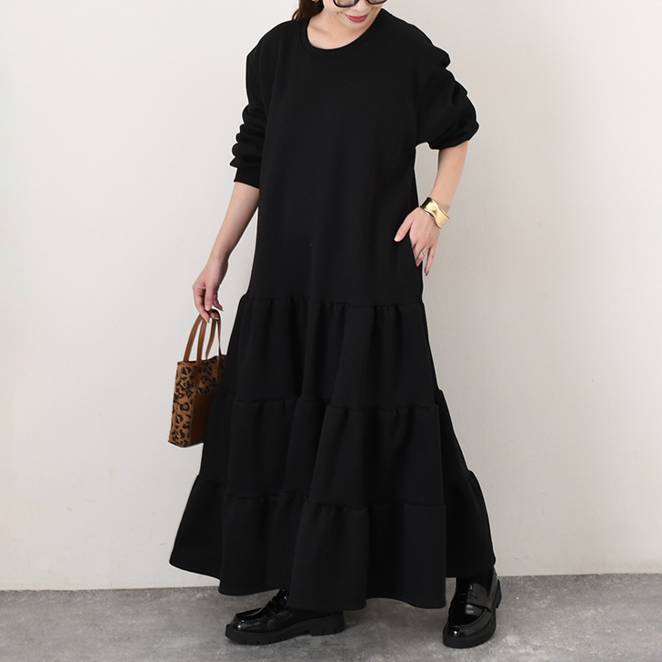 REAL STYLE ワンピース レディース 裏起毛 長袖 ロング ティアード 春