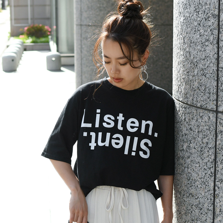 Tシャツ レディース 半袖 ロゴ 韓国 黒 カットソー トップス