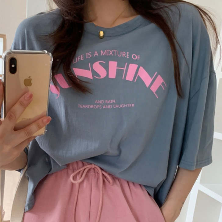 Tシャツ 半袖 レディース 綿 コットン ロゴ プリント ショート丈 ゆったり 大きい 薄手 五分袖 涼しい カットソー 春 夏 シンプル かわいい トップス｜ruckruck｜03