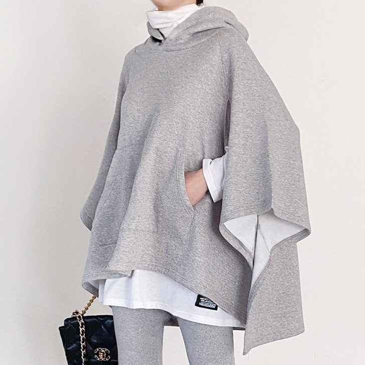 フーディケープ　ポンチョ　マント　グレー REAL STYLE（ファッション） ケープ レディース 裏起毛