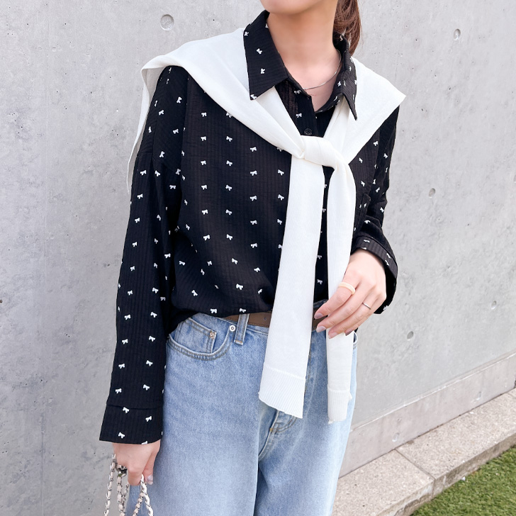 REAL STYLE シャツ レディース 2点セット 長袖 ロング リボン柄 肩掛け