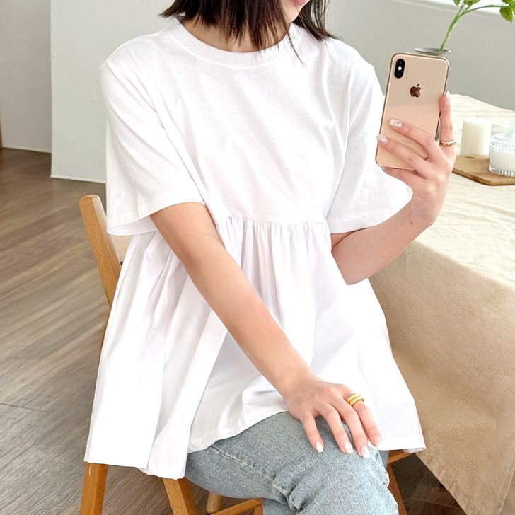 hue DAY TO EVENING　異素材切り替え　ペプラムカットソー　フェイクパール　コットン  ・36 黒/白 hue DAY TO EVENING｜《手洗い可》パールペプラムTシャツ