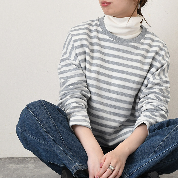REAL STYLE Tシャツ レディース 長袖 裏起毛 春 秋 冬 ボーダー柄