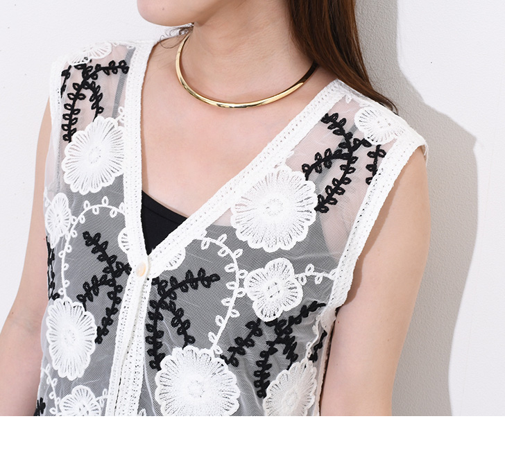 IORE 刺繍デザイン ベスト ジレ ブラック F 日本製ウール混 ノースリーブ REAL STYLE ベスト ジレ レディース 春夏 秋冬 Vネック シアー 刺繍 前
