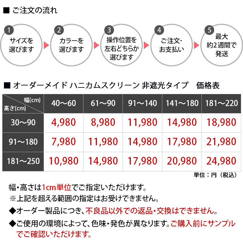 ハニカムスクリーン非遮光価格表