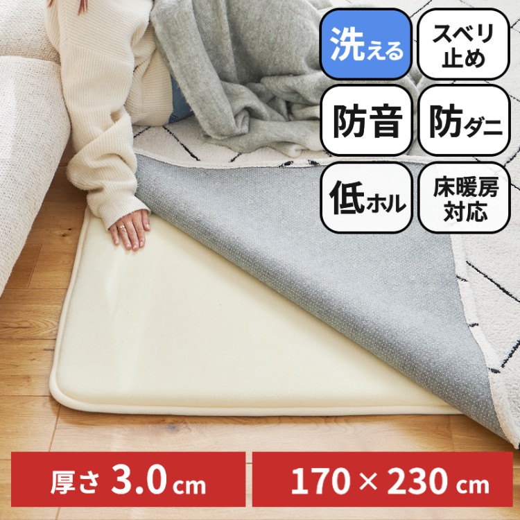下敷きラグ アンダーラグ 極厚 30mm 洗える 3畳 170×230 ラグ 下敷き 滑り止め 防ダニ 防音 低ホル 床暖房対応 ホットカーペット対応 ラグピタプレミアム | グラムスタイル