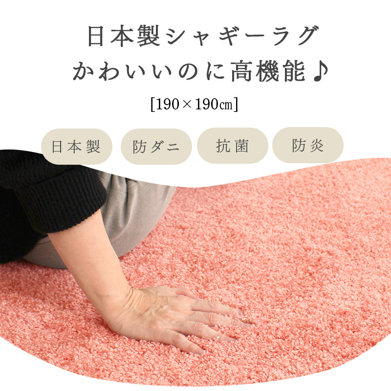 ふんわりボリューム防炎ローズシャギーラグ シャギーラグ 洗える 2畳 190×190cm 正方形 抗菌防臭 防炎
