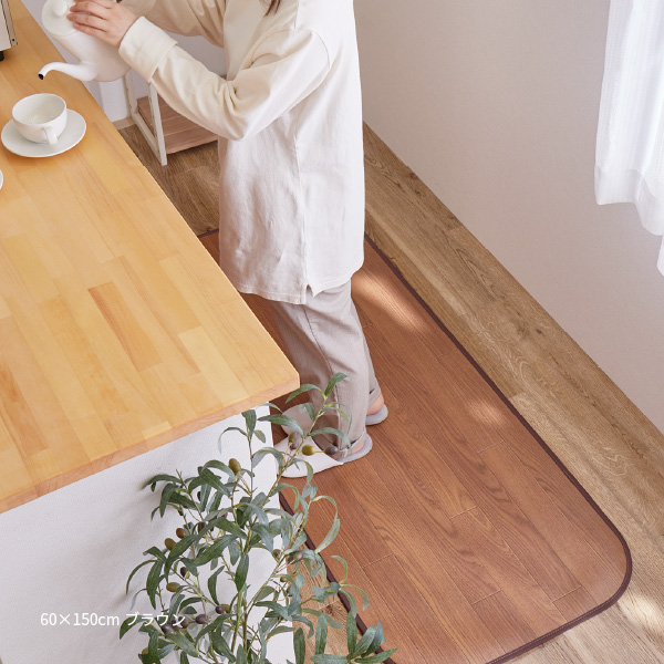 キッチンマット 木目調フロアマット マット 90×150cm 消臭 抗菌 撥水 フローリング クッションシート フチあり 日本製 滑り止めシール付きの画像