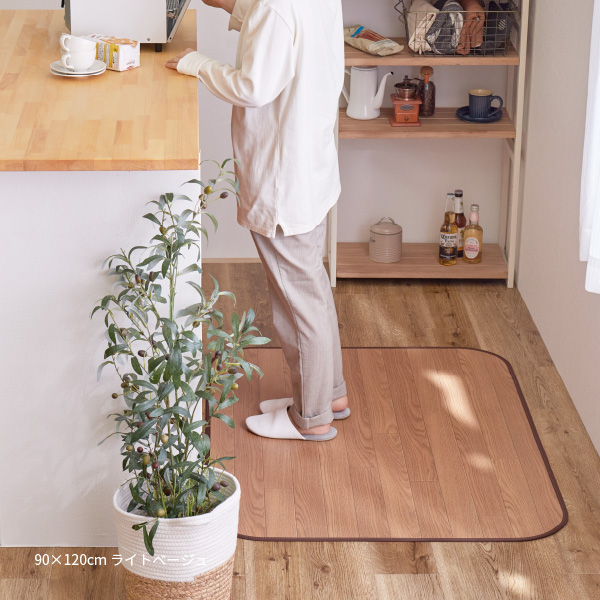 キッチンマット 木目調フロアマット マット 90×150cm 消臭 抗菌 撥水 フローリング クッションシート フチあり 日本製 滑り止めシール付きの画像