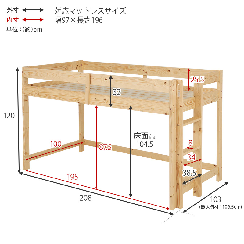 ロフトベッド ロータイプ シングル S すのこベッド ベッドフレーム 子ども部屋 ワンルーム 頑丈 耐荷重250kg 低ホルム 北欧 おしゃれの画像
