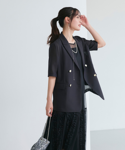 レディース テーラードジャケット オフィスカジュアル 通勤服 仕事服 春 夏 ミセス きれいめ 大人かわいい メッシュ 黒 半袖 長袖 体型カバー 洗える ストレッチの画像