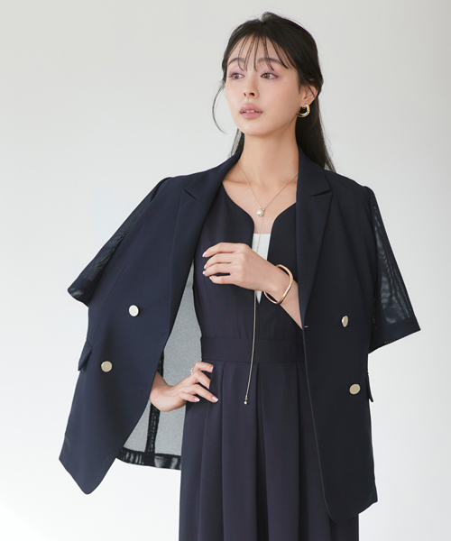 レディース テーラードジャケット オフィスカジュアル 通勤服 仕事服 春 夏 ミセス きれいめ 大人かわいい メッシュ 黒 半袖 長袖 体型カバー 洗える ストレッチの画像