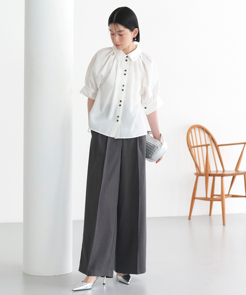 レディース セットアップ 白シャツ ワイドパンツ パンツスーツ オフィスカジュアル 通勤服  上品 綺麗め ミセス 大きいサイズ 50代 40代 30代 ストレッチ 洗えるの画像