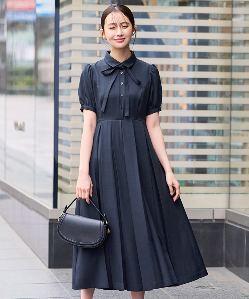 レディース 襟付きワンピース プリーツスカート オフィスカジュアル 通勤 春 夏 秋 ミセス きれいめ 大人かわいい 二の腕カバー 半袖 上品 かわいい ママ 洗えるの画像