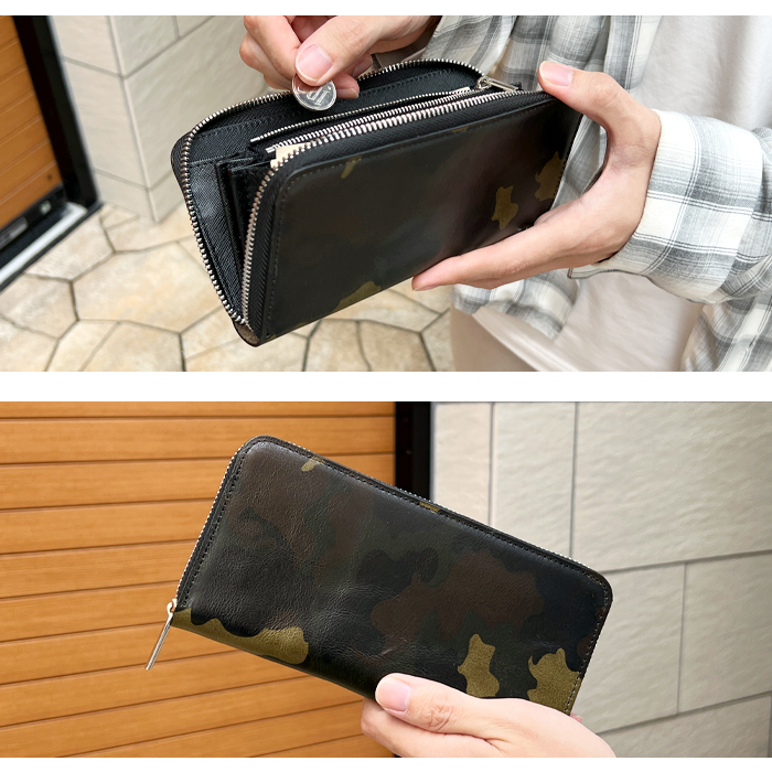 財布 メンズ 長財布 本革 カモフラージュ カモフラ ラウンドファスナー