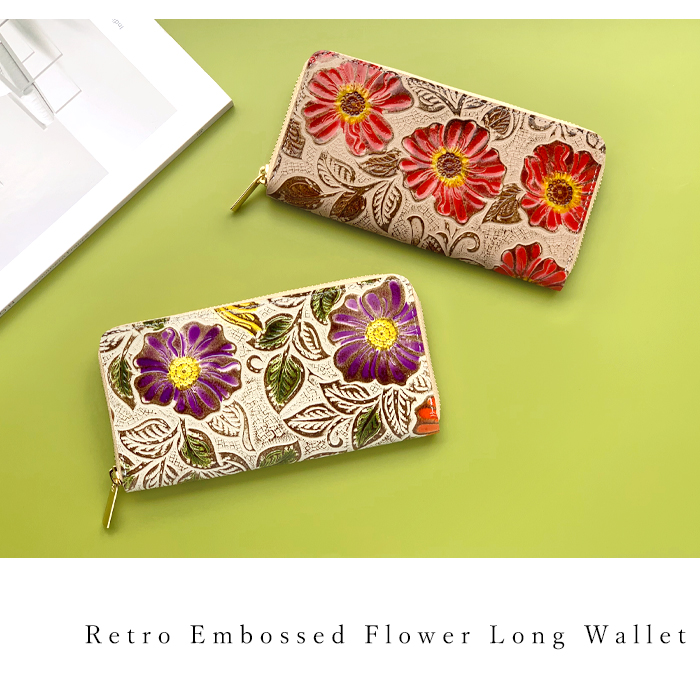 本革 長財布 レディース レトロな 花 型押し 花柄 財布 長サイフ