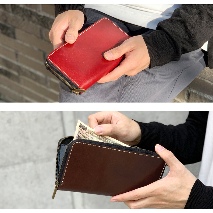 【レッド】ロング赤ラウンドファスナーウォレット　栃木レザー 栃木レザー メンズ 長財布 財布 本革 牛革 レディース 大容量 ラウンド