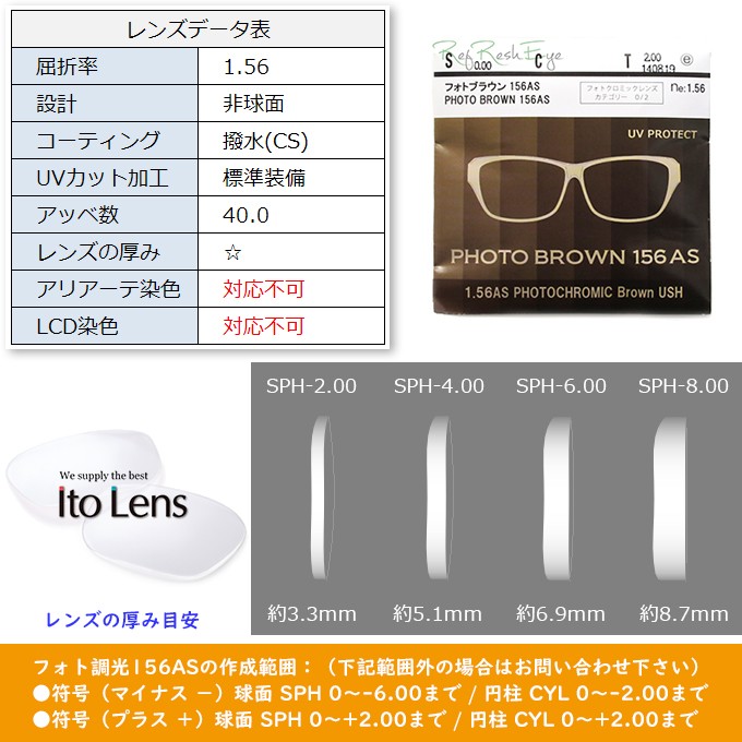 半額SALE／ 調光レンズ 1.56非球面 イトーレンズ メガネ レンズ交換用 他店購入フレームOK