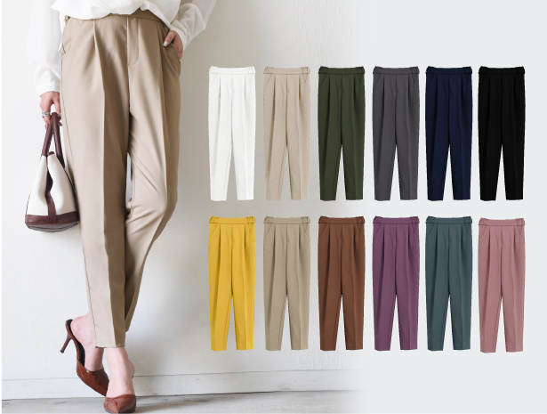 テーパードパンツ レディース センタープレス パンツ スラックス ボトムス タックパンツ ジョガーパンツ バックゴム 細身 美脚 脚長 アクアガレージ
