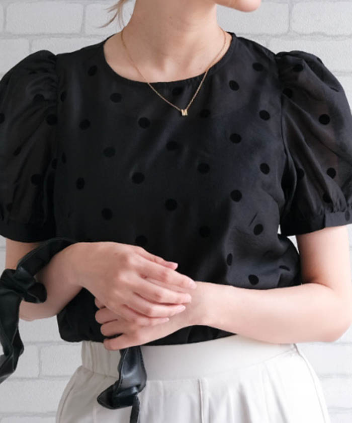 美品 カレンソロジー 洗える ドット柄 シアーブラウス パフスリーブ ブラック ドット柄パフスリーブシアーブラウス レディース ドット柄