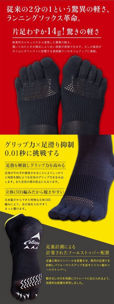 片足わずか14g！驚きの軽さ。足指を開放しグリップ力を高める／立体（３D）編みだから履きやすい