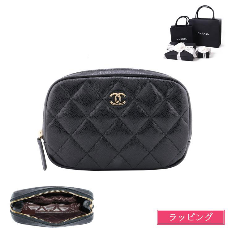 【美品】CHANEL シャネル　ポーチ　キャビアスキン　ココマークゴールド　黒 極美品 シャネル キャビアスキン ミニポーチ ブラック ココ