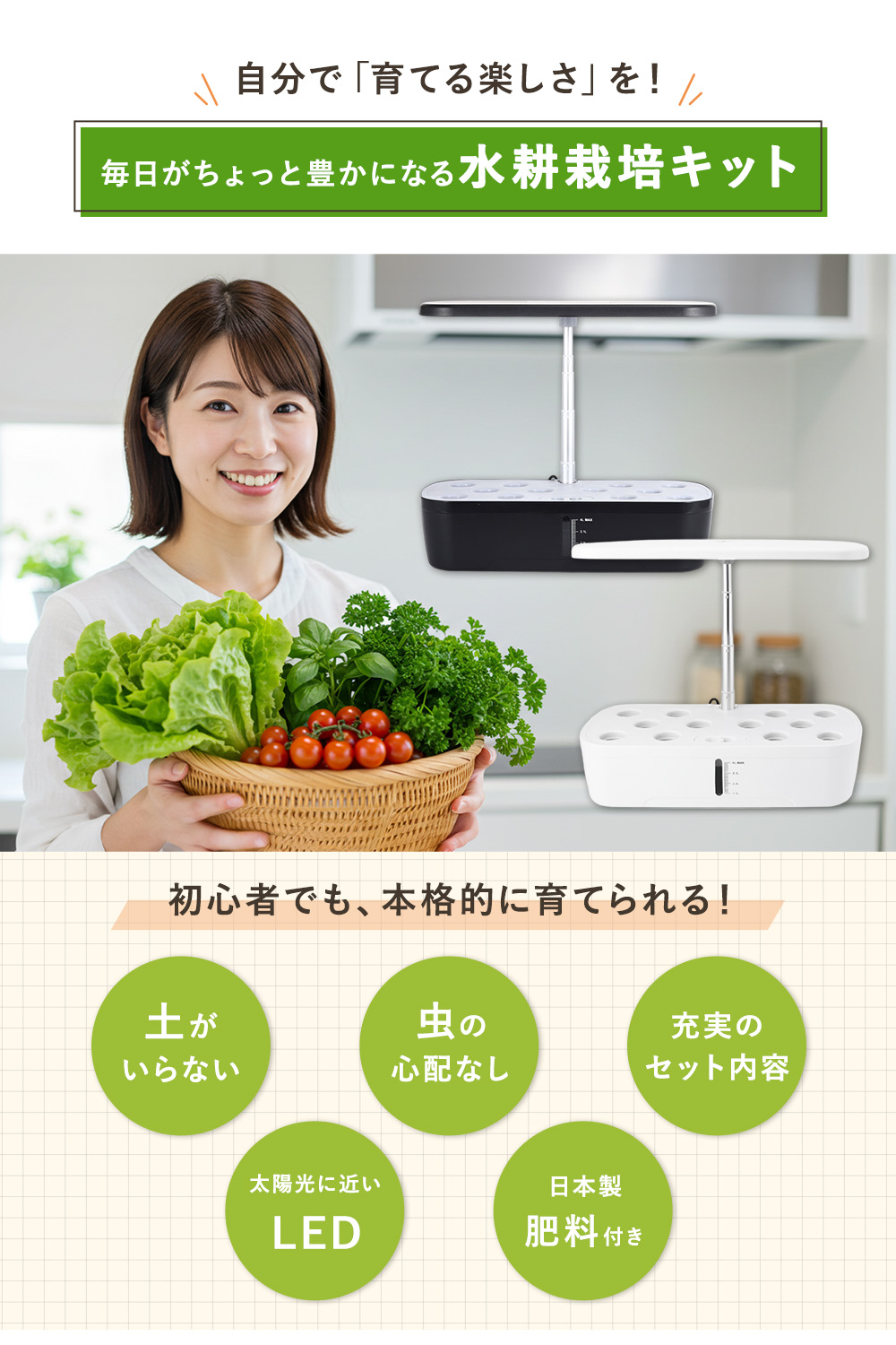 水耕栽培キット 家庭菜園 室内菜園 キット プランター栽培 植物ライト LEDライト付き 12穴 タイマー機能 日本製肥料付き ハイポネックス 家庭用 食育 野菜栽培 関連画像1
