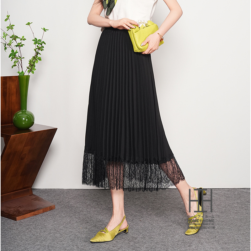 プリーツスカート ロングスカート レディース レース切り替え 通勤 台形スカート 体型カバー ミモレ丈 ロング フレア Aライン ウエストゴム 大人 上品 ブラック | ホームアイホーム | 02