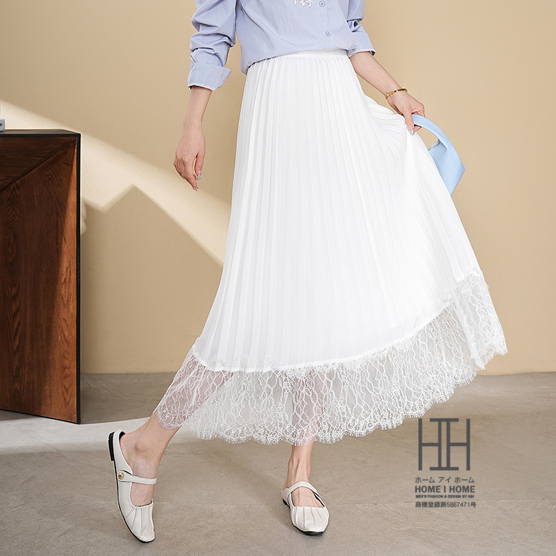 プリーツスカート ロングスカート レディース レース切り替え 通勤 台形スカート 体型カバー ミモレ丈 ロング フレア Aライン ウエストゴム 大人 上品 ブラック | ホームアイホーム | 01