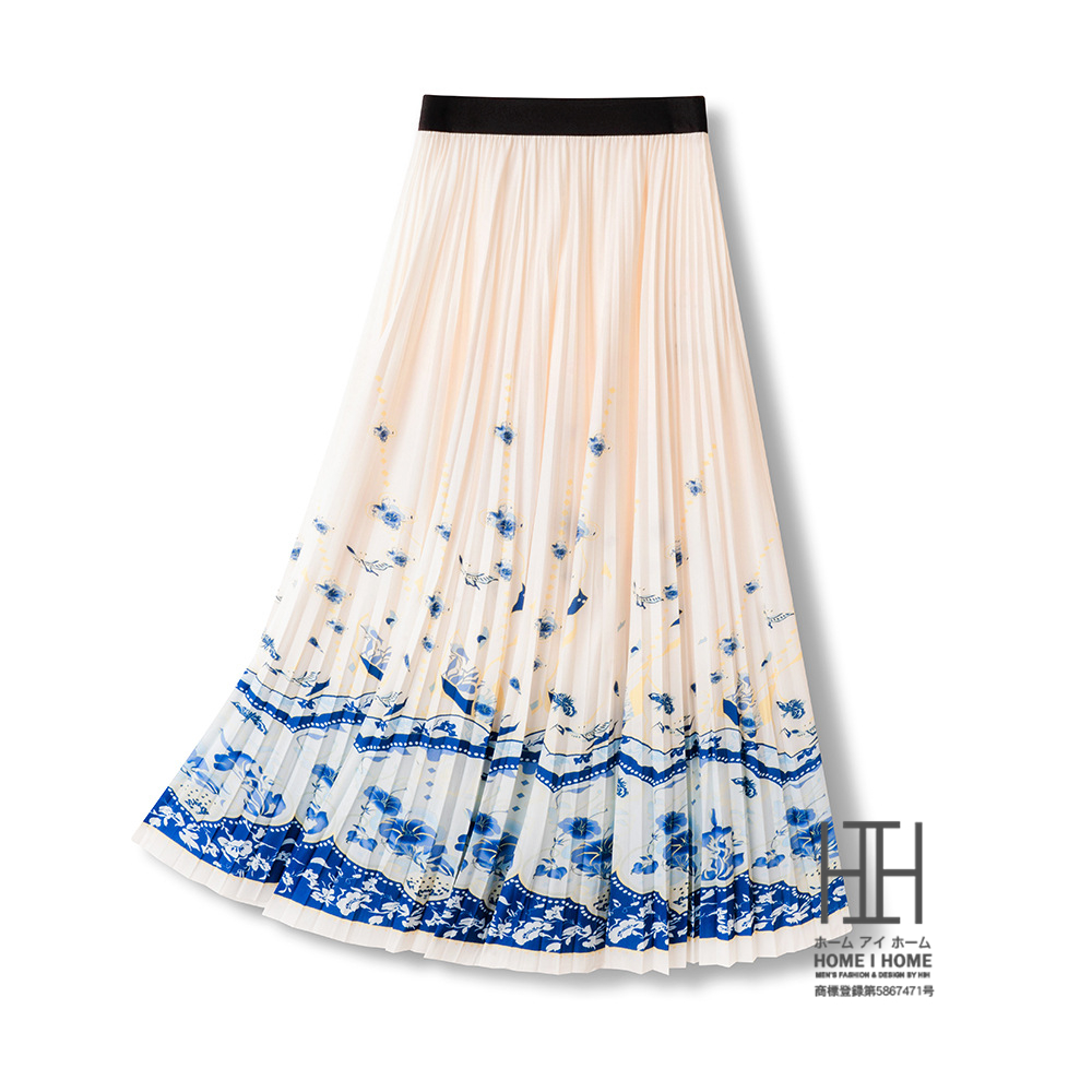 水墨画 プリーツスカート レディース 通気性 清涼 Aライン 体型カバー 脚長 着痩せ ウエストゴム 涼しい リラックス ストレスフリー カジュアル フレア | ホームアイホーム | 02