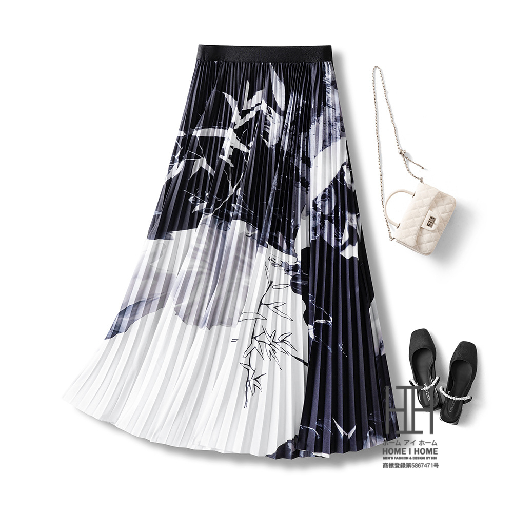 水墨画 プリーツスカート レディース 通気性 清涼 Aライン 体型カバー 脚長 着痩せ ウエストゴム 涼しい リラックス ストレスフリー カジュアル フレア | ホームアイホーム | 01