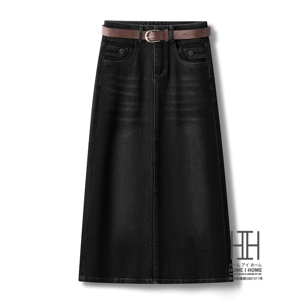 デニムスカート レディース ウォッシュ加工 ヒゲ加工 ユーズド スリット 体型カバー カジュアル 女子会 デート 普段使い 旅行 ミモレ丈 黒 ブルー ボトムス | ホームアイホーム | 03