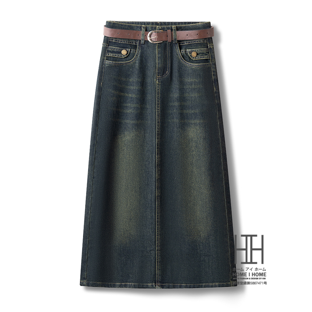 デニムスカート レディース ウォッシュ加工 ヒゲ加工 ユーズド スリット 体型カバー カジュアル 女子会 デート 普段使い 旅行 ミモレ丈 黒 ブルー ボトムス | ホームアイホーム | 02