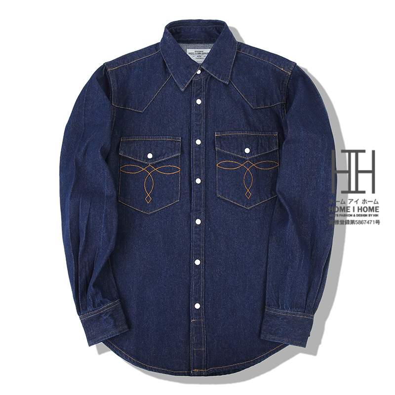 ウエスタン シャツ ダンガリーシャツ デニムシャツ メンズ 長袖 10oz デニム ヘビーウェイト コットン ビンテージ 両ポケット おしゃれ インディゴ ホワイト | ホームアイホーム | 04