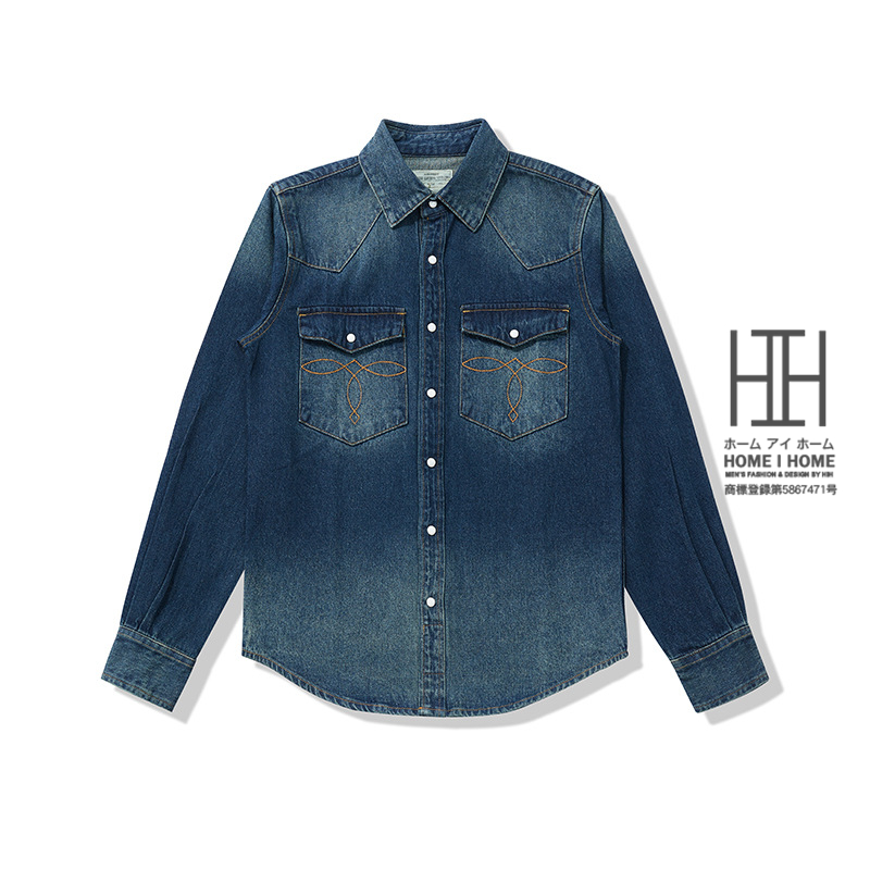 ウエスタン シャツ ダンガリーシャツ デニムシャツ メンズ 長袖 10oz デニム ヘビーウェイト コットン ビンテージ 両ポケット おしゃれ インディゴ ホワイト | ホームアイホーム | 03