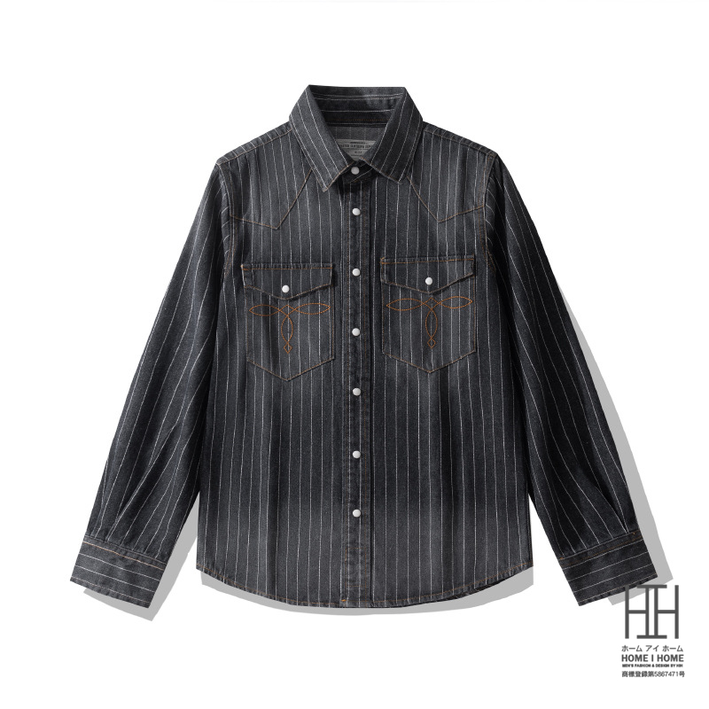 ウェスタンシャツ デニムシャツ メンズ 長袖 ストライプデニム ヘビーウェイト ダンガリー ヴィンテージ 白シャツ カジュアル アメカジ 両ポケット おしゃれ | ホームアイホーム | 04