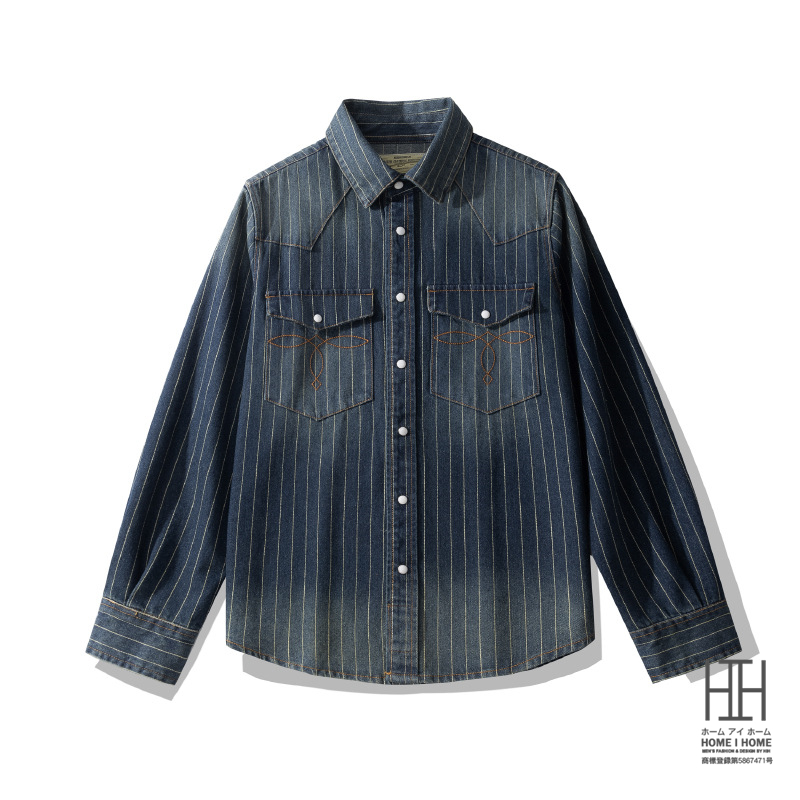ウェスタンシャツ デニムシャツ メンズ 長袖 ストライプデニム ヘビーウェイト ダンガリー ヴィンテージ 白シャツ カジュアル アメカジ 両ポケット おしゃれ | ホームアイホーム | 03